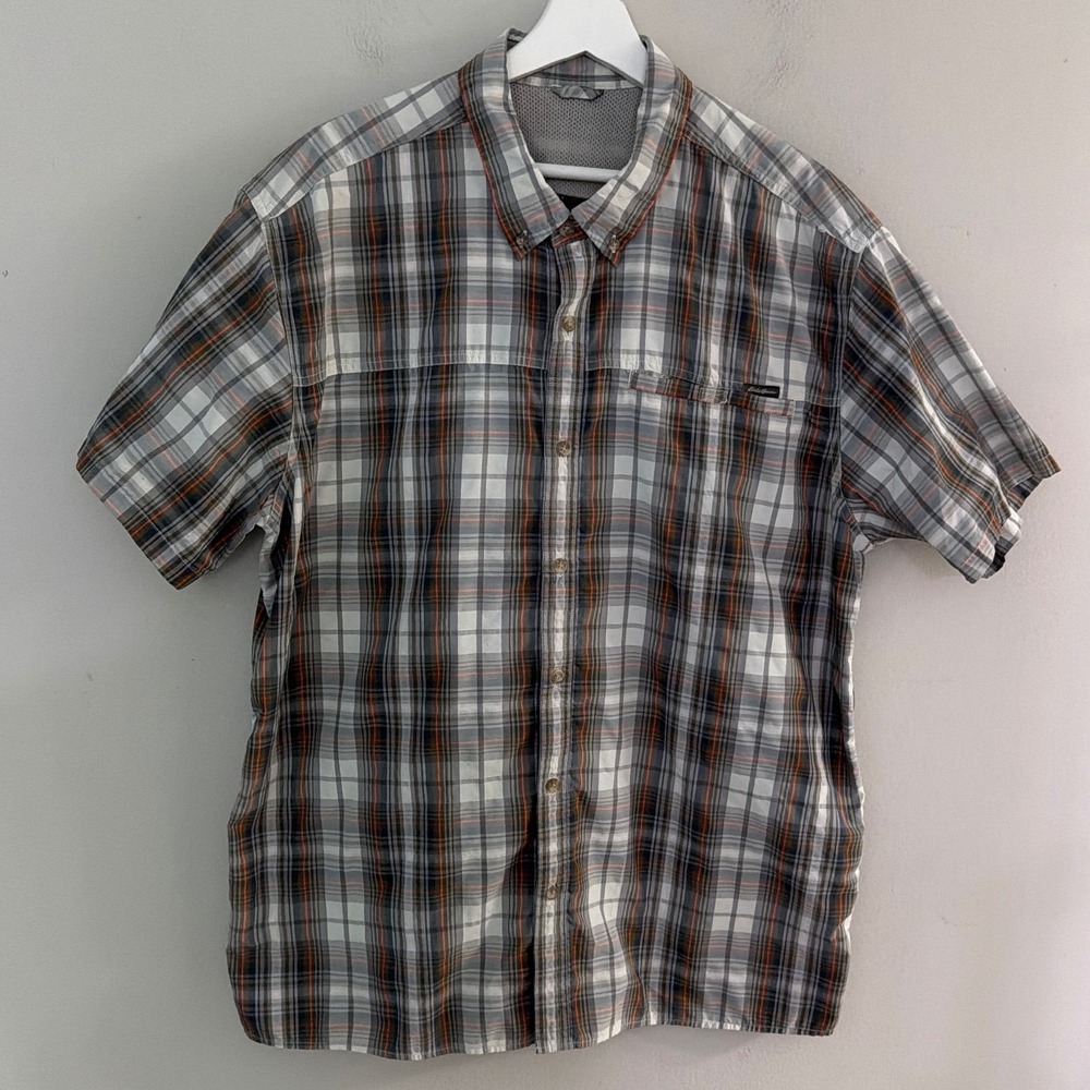 Eddie Bauer‎ Mens Plaid Short Sleeve Button Down Shirt Grey Orange Hiking XL